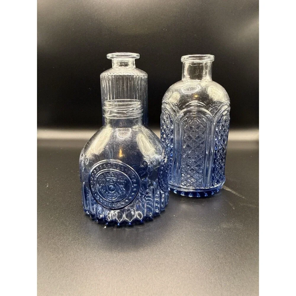 Lot Of 3 Vintage Style Blue Glass Bud Vases Bottles Shabby Chic Cottagecore